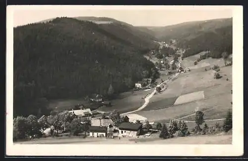 AK Zákoutí v Orl. Horách, Totalansicht des Ortes mit Wald