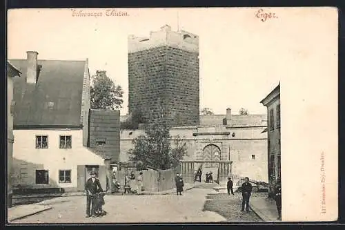 AK Eger, Strassenpartie mit schwarzem Turm