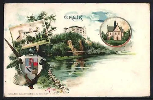 Lithographie Orlik, Kirche, Schloss und Stadtwappen