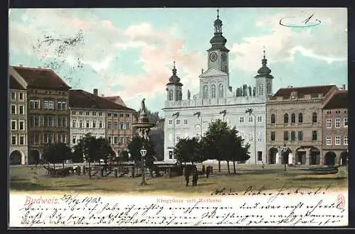 AK Budweis / Ceske Budejovice, Ringplatz mit Rathaus