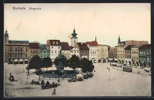 AK Budweis / Ceske Budejovice, Strassenbahn auf dem Ringplatz