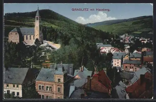 AK Graslitz, Teilansicht mit Kirche und Hausberg