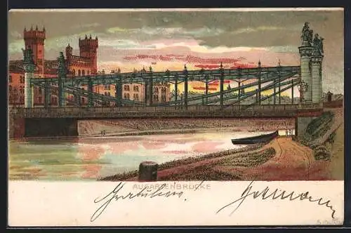 Lithographie Wien, Augartenbrücke bei Sonnenaufgang