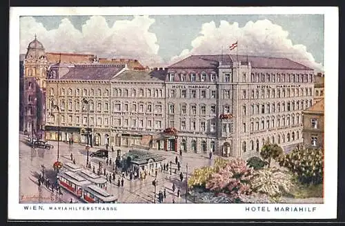 Künstler-AK Wien, Hotel Mariahilf, Marihilferstrasse 121, Strassenbahn