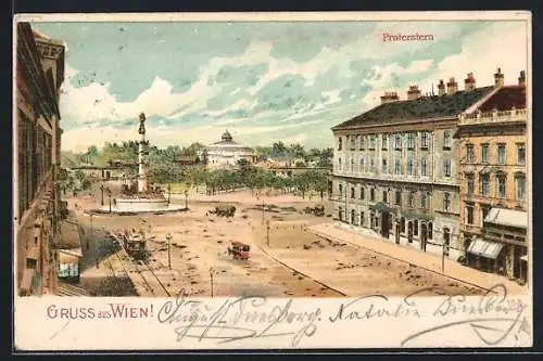 Lithographie Wien, Praterstern mit Strassenbahn