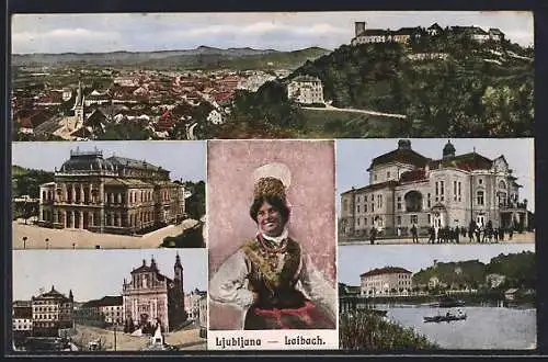 AK Ljubljana / Laibach, Kirche, Slowenische Philharmonie mit der Burg, Frau in Volkstracht