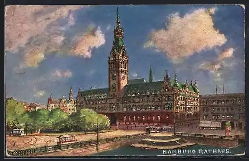 Künstler-AK Hamburg, Rathaus mit Strassenbahn