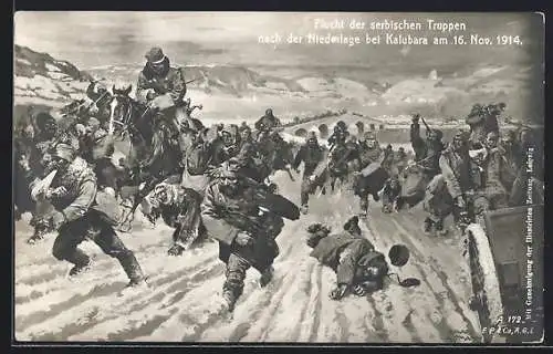 Künstler-AK Kalubara, Flucht der serbischen Truppen nach der Niederlage bei Kalubara im Winter 1914