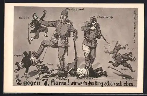 Künstler-AK Ad. Hoffmann: 2 gegen7, wir wer`n das Ding schon schieben - Deutscher u. Österr. Soldat gegen Japan...