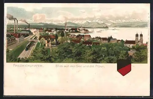 Lithographie Friedrichshafen, Blick auf den See und die Alpen mit Bahnhof