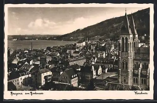 AK Bregenz, Ortspartie an der Kirche mit Bodensee im Hintergrund