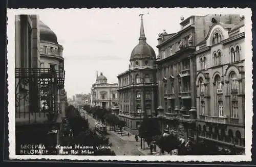 AK Belgrade, Rue Roi Milan, Strassenbahn