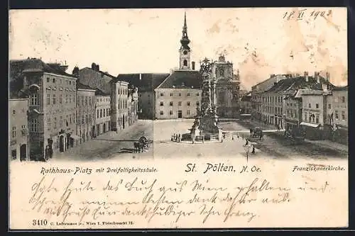 AK St. Pölten /N. Oe., Rathausplatz mit Dreifaltigkeitsschule und Franziskanerkirche