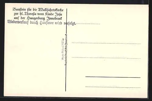 AK Innsbruck, Baustein für die Wallfahrtskirche zur hl. Theresia vom Kinde Jesu auf der Hungerburg