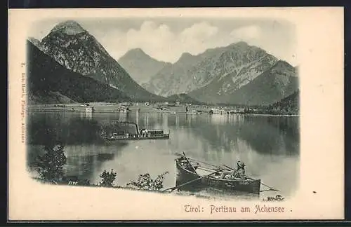 AK Pertisau /Achensee, Blick auf den Achensee mit Ruderboot und Dampfer, um 1900