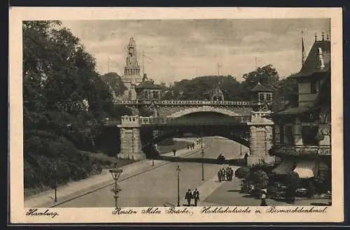 AK Hamburg-St.Pauli, Kersten Miles Brücke, Hochbahnbrücke und Bismarckdenkmal