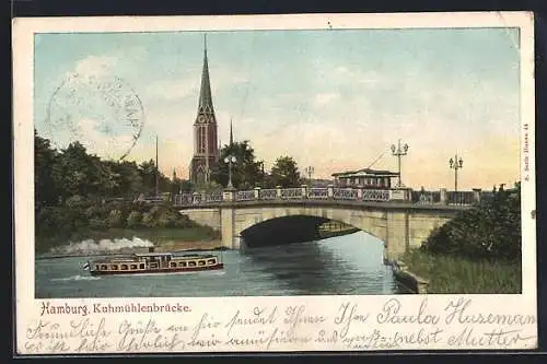 AK Hamburg, Kuhmühlenbrücke mit Strassenbahn