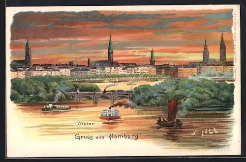 Lithographie Hamburg-Neustadt, Abenddämmerung auf der Aussenalster