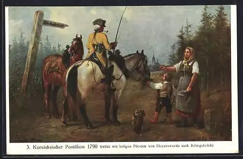 Künstler-AK Kursächsischer Postillon 1790, Ritt von Hoyerswerda nach Königsbrück