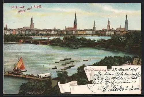 Lithographie Hamburg, Alster mit Brücke und Stadtpanorama