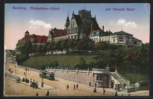 AK Hamburg-St. Pauli, Wiezel`s Hotel und Navigationsschule, Strassenbahn