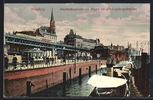 AK Hamburg, Hochbahnstrecke am Hafen bei den Landungsbrücken mit Strassenbahn