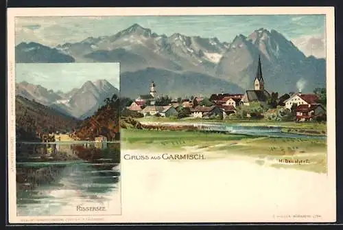 Künstler-AK H. Deuchert: Garmisch, Panorama und Rissersee