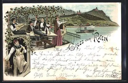 Lithographie Königswinter, Weinberge am Rheinufer, Weinstube mit Terrase am Rhein mit Blick zum Drachenfels