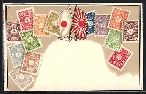 AK Japan, verschiedene Briefmarken und Flaggen