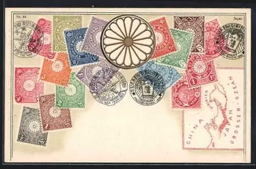 AK Briefmarken aus Japan, Landkarte China / Sibirien / Japan, Wappen