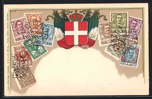 AK Briefmarken aus Italien mit Wappen, Flaggen und Krone