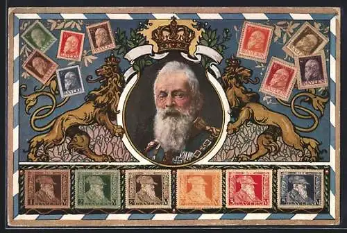 AK Briefmarken und Portrait König Ludwig III., Löwen