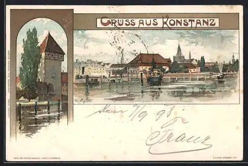 Künstler-Lithographie K. Mutter: Konstanz, Rathaus vom See aus gesehen, Dampfer, Wehrturm