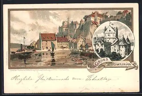 Künstler-AK K. Mutter: Meersburg, Teilansicht des Ortes, Burg