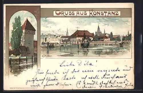 Künstler-Lithographie K. Mutter: Konstanz, Rathaus vom See aus gesehen, Dampfer, Wehrturm