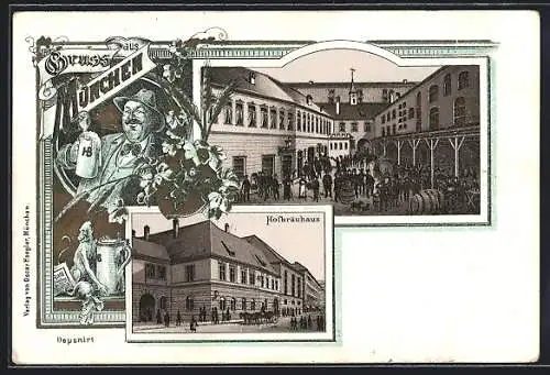 Lithographie München, Königliches Hofbräuhaus, Mann stemmt Massbier, Wappen mit Münchener Kindl