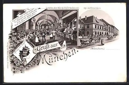 Lithographie München, Kgl. Hofbräuhaus, Aussen- u. Innenansicht, Pferdekutsche