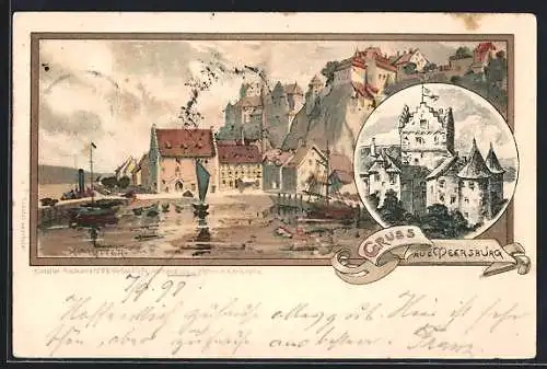 Künstler-AK K. Mutter: Meersburg, Teilansicht des Ortes, Burg