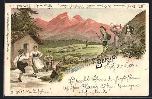 Lithographie Mendelpass, Bergsteiger und Tänzer, Abendrot