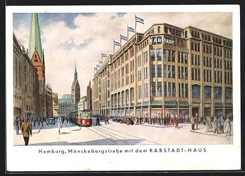 AK Hamburg, Mönckebergstrasse mit dem Karstadt-Haus & Strassenbahn