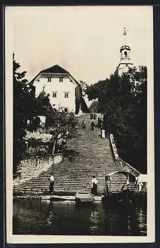 AK Bled / Veldes, Uferansicht mit Treppe zur Stadtmitte