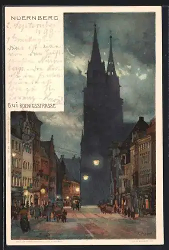 Künstler-Lithographie Karl Mutter: Nuernberg, Koenigstrasse bei Nacht