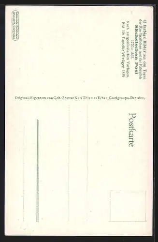 Künstler-AK Landbriefträger der Königlich Sächsischen Post händigt einer Dame einen Brief aus, Szene aus dem Jahre 1859