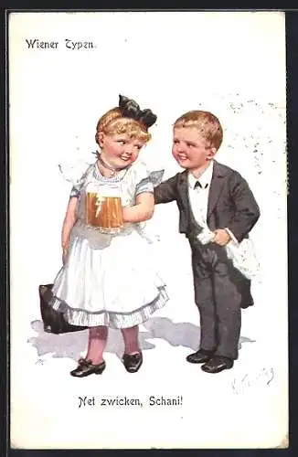 Künstler-AK Karl Feiertag: Wiener Typen, Kinder mit Bier