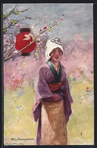 Künstler-AK Miss Pomegranate, Geisha unter blühendem Kirschbaum