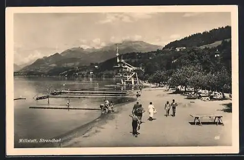 AK Millstatt, Strandbad mit Sprungbrettern und Promenade