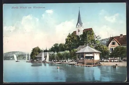 AK Maria Wörth, Uferpartie mit Gasthaus Marian, Kirche und Pavillon