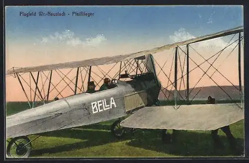 AK Wr.-Neustadt, Flugzeug Pfeilflieger Bella auf dem Flugfeld Wr.-Neustadt