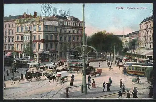 AK Berlin-Tiergarten, Potsdamer Platz mit Strassenbahn und Kutschen