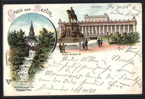 Lithographie Berlin-Kreuzberg, Museum, Friedrich Wilhelm III.-Denkmal, Wassersturz im Victoria-Park um 1900